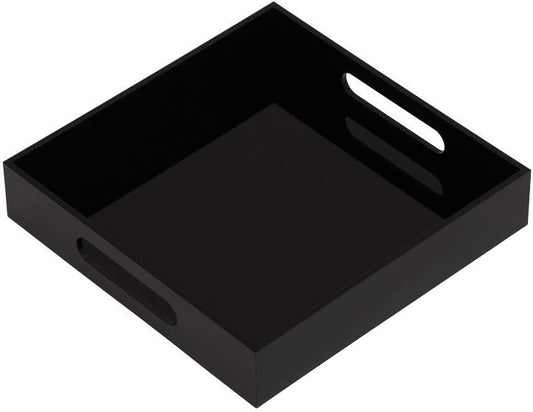 Glossy Black Sturdy Acrylic Serving Tray with Handles-10x10Inch-Serving Coffee,Food,Breakfast,Butler-Kitchen Countertop Tray-Makeup Drawer Organizer-Vanity Table,Ottoman Tray-Decorative Tray