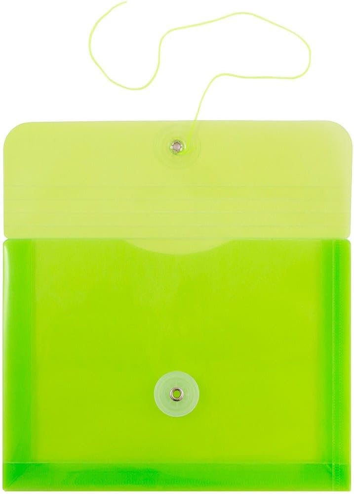 JAM PAPER Plastic Envelopes with Button & String Tie Closure - Index Size - 5 1/2 x 7 1/2 - Lime Green - 3/Pack