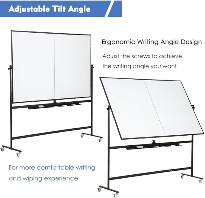 Large Magnetic Mobile Whiteboard 60"x48", Rolling Double Sided Stand Whiteboard on Wheels, Reversible Adjustable Height/Angle Dry Erase Board 5' x 4' Easel White Board for Office Classroom, Black