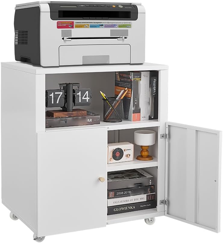 Metal Printer Stand with Storage, Large Black Printer Cabinet with Wheels and Adjustable Shelf for Home Office, Heavy Duty Printer Table