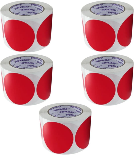 ChromaLabel 3 Inch Circle Sticker Labels, Easy to Write On Colored Dot Stickers, Permanent Adhesive Labels for Organization and Inventory - 500 Sticky Dots per Roll, Red Dot Stickers - Case of 5