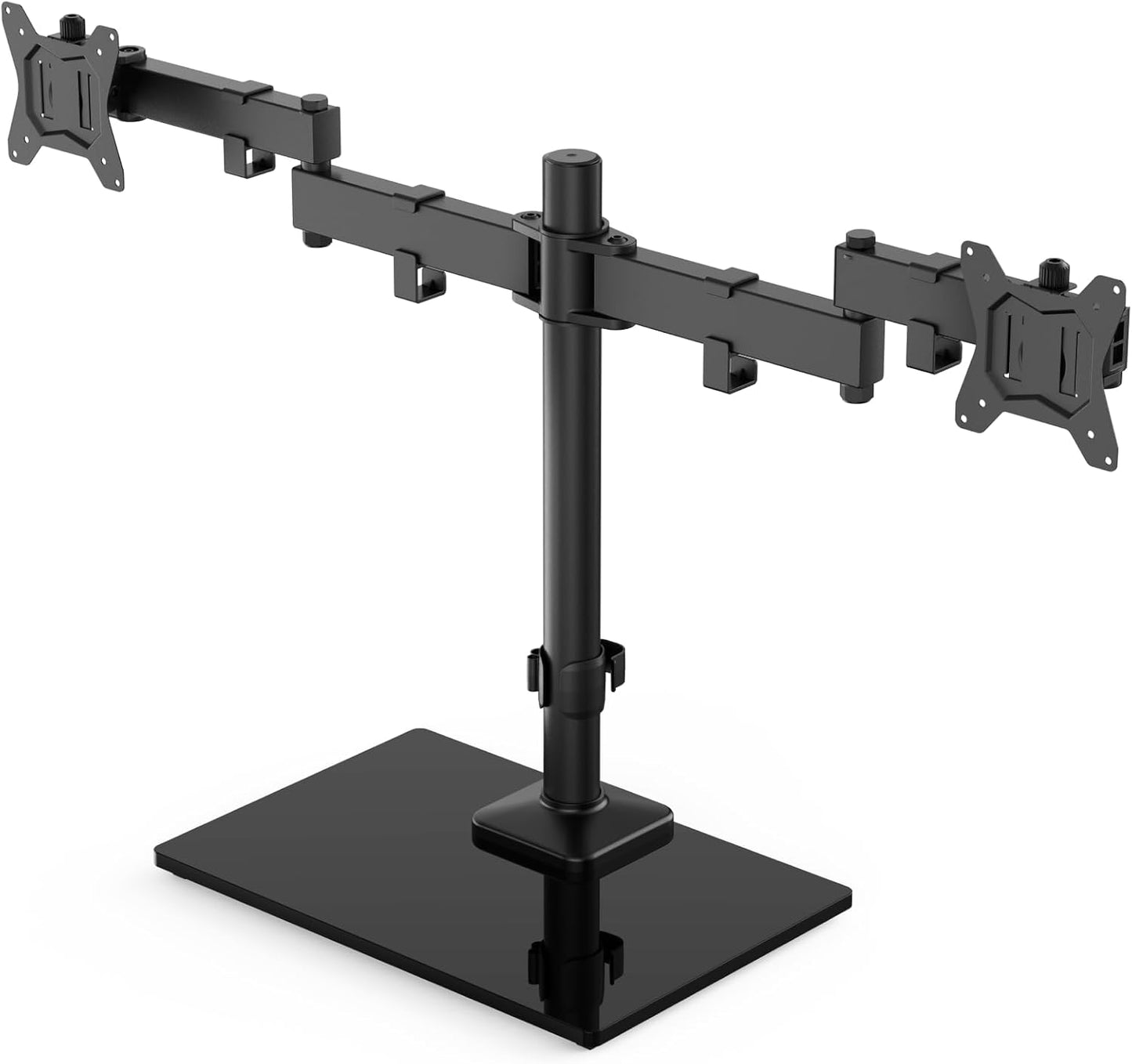 HUANUO Freestanding Dual Monitor Stand, 32 Inch Dual Monitor Mount for 2 Screens, Holds up to 22 lbs per Arm, Monitor Arm Riser with Tempered-Glass Base, Tilt, Swivel, Rotation, Black
