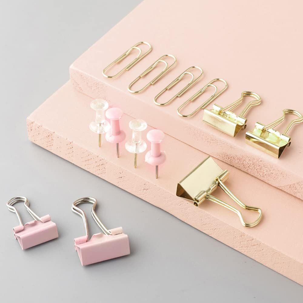 Paper Clips and Binder Clips Set, Metal Assorted Sized Binders with Push Pins, Cute Office Supplies for Desk, Desk Accessories (Gold Set of 3)