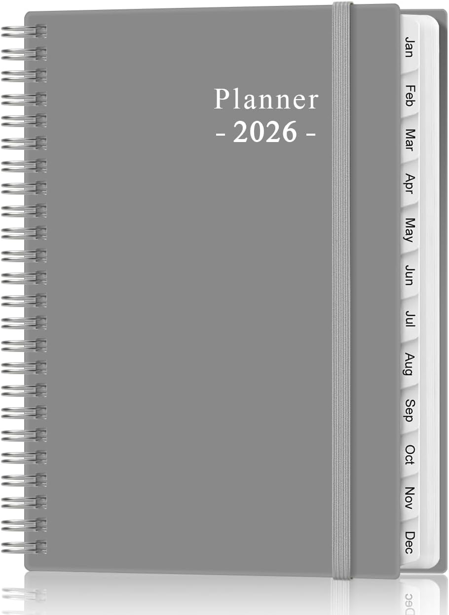 2026 Planner - Planner 2026 from January 2026 - December 2026, Weekly & Monthly Planner Spiral Bound with 12 Monthly Tabs, Inner Pocket, 6.4" x 8.5", Grey-E
