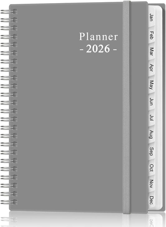 2026 Planner - Planner 2026 from January 2026 - December 2026, Weekly & Monthly Planner Spiral Bound with 12 Monthly Tabs, Inner Pocket, 6.4" x 8.5", Grey-E