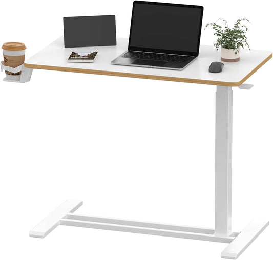 SANODESK Mobile Standing Desk with Hidden Wheels,Pneumatic Laptop Desk Rolling Computer Cart Movable Height Adjustable Small Sit Stand Desk for Home Office(31.5" W x 17.7" D, White+Maple Band)