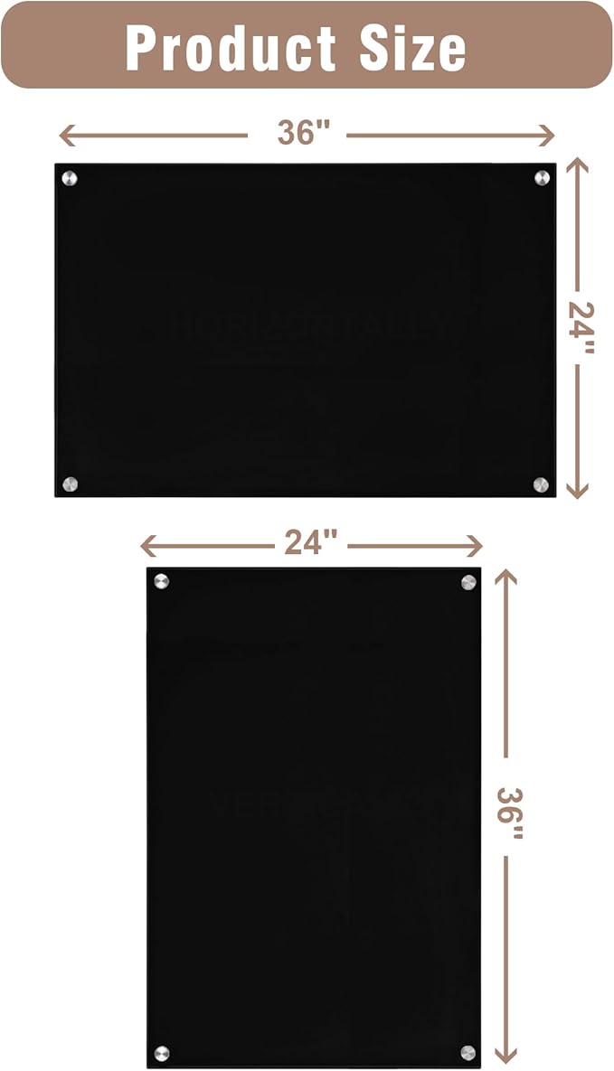 Magnetic Glass Whiteboard，36"x24" Wall Mounted Frameless Dry Erase Board for Office, Home & School Black