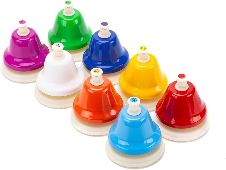 Desk Bells for Kids - 8 Note Colorful Metal Handbells Set with Handle - Educational Teaching and Learning Instruments - Musical Toys for Toddlers Children