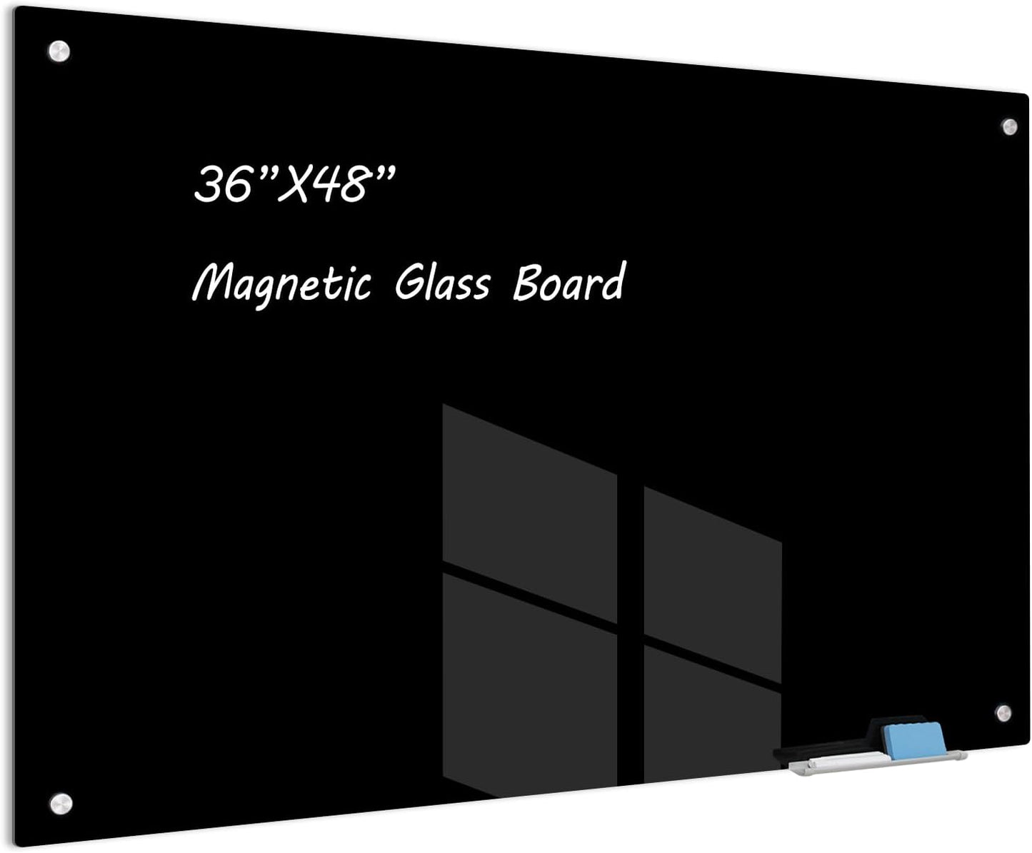 Magnetic Glass Whiteboard 48" x 36" Dry Erase Board Frameless Premium Tempered Galssboards Wall Mounted Glossy writeboard with Eraser, Marker Tray for Interactive Office, (Black)