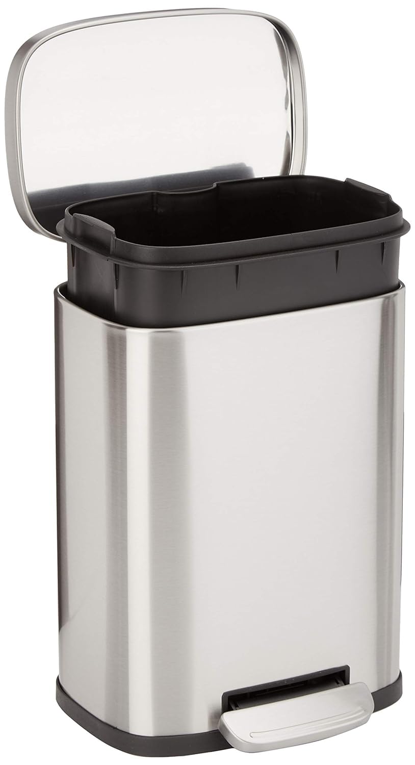 Amazon Basics Smudge Resistant Mini Rectangular Trash Can With Soft-Close Foot Pedal, Brushed Stainless Steel, for Bathroom & small space, 5 L /1.32 Gal, Satin Nickel Finish, 7.3x8.5 x11.8 in (LxWxH)