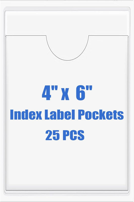 Origin-Joy 25 PCS Self-Adhesive Index Label Pockets, Clear Plastic Peel & Stick Card Holders with Top Open for Loading (4 x 6 inch)