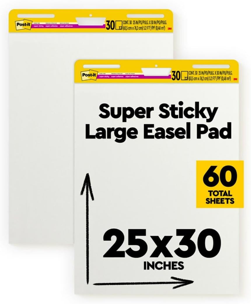 Post-it Super Sticky Easel Pad 25 in x 30 in White 30 Sheets/Pad 2 Pad/Pack Large White Premium Self Stick Flip Chart Paper Super Sticking Power (559)