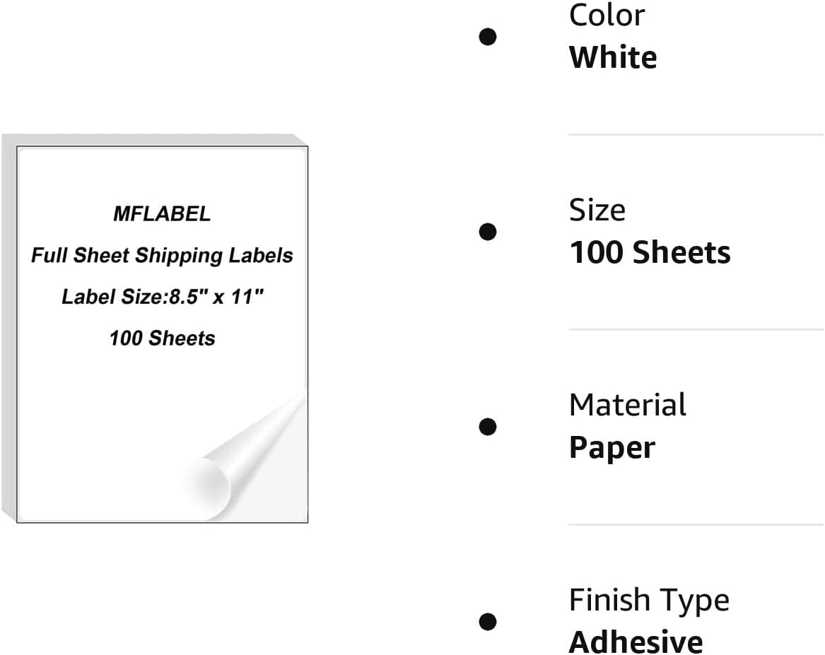 MFLABEL Full Sheet Matte White Labels - 8.5 x 11 Inch for Laser & Inkjet Printers (200 Sheets / 6000 Labels) - Includes Address & Fragile Stickers, Smudge-Proof & Quick Peel