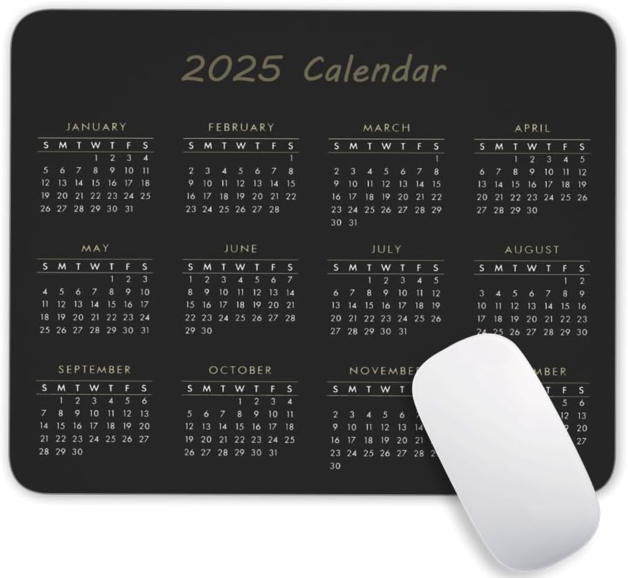 Calendar Mouse Pad, Gaming Mouse Mat with Custom Design, Non-Slip Rubber Base MousePads for Office Home Laptop Travel, 9.5"x7.9"x0.12" Inch (2025 Calendar Black)