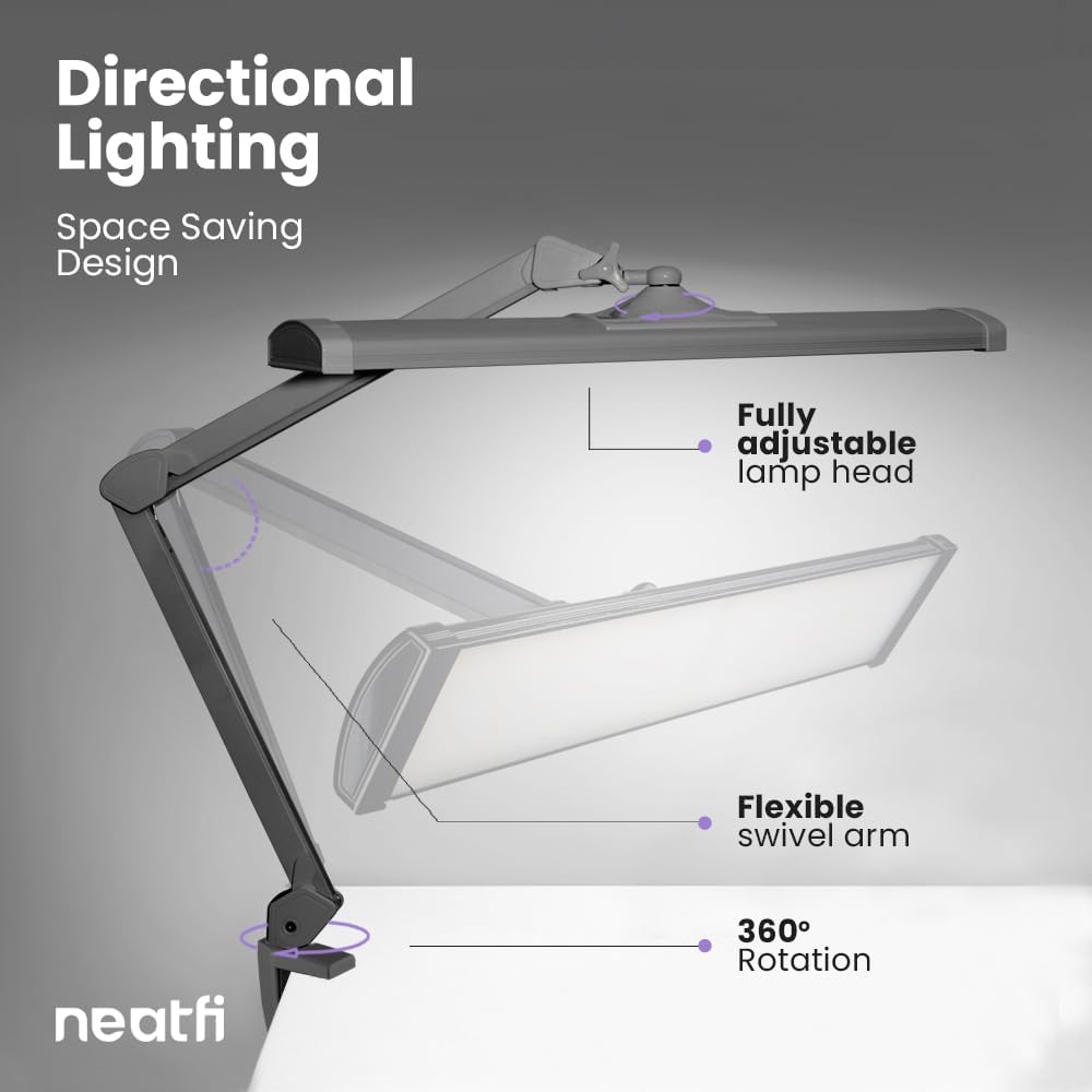 Neatfi Ultra 3,500 Lumen LED Desk Lamp, 45W, 26-Inch Wide Metal Shade, 270 SMD LEDs (Non-CCT with Clamp, Silver)