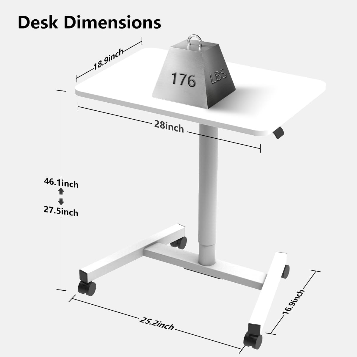 28-Inch Mobile Standing Desk Adjustable Height, Portable Standing Desk with Lockable Wheels, Rolling Table for Home Office Classroom Hospital (Snow-White)