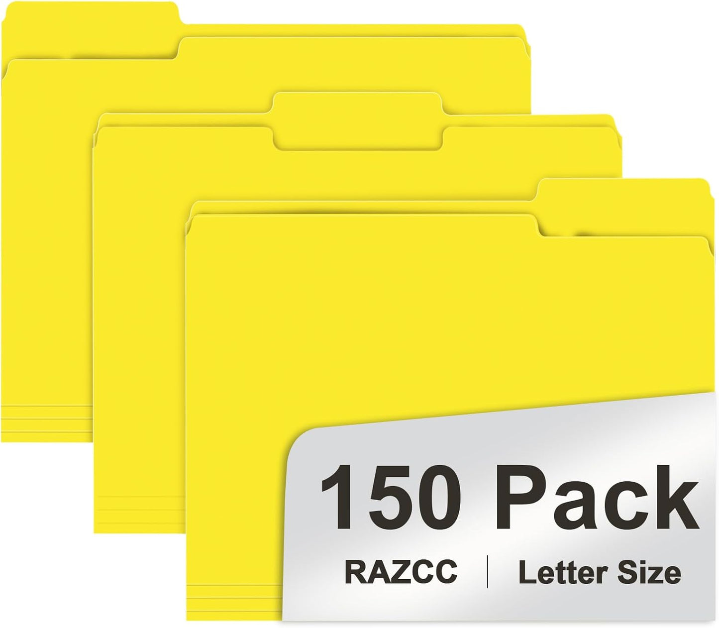 File Folder, RAZCC 150 Pack 1/3 Cut Tab File Folders Letter Size, Yellow, Folders with Tab, Great for Organizing and Easy File Storage