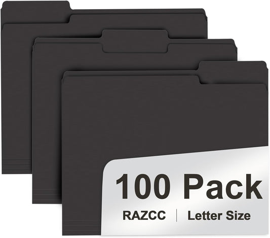 File Folder, RAZCC 100 Pack 1/3 Cut Tab File Folders Letter Size, Black Folders for Dcouments, Folders with Tab Great for Organizing and Easy File Storage