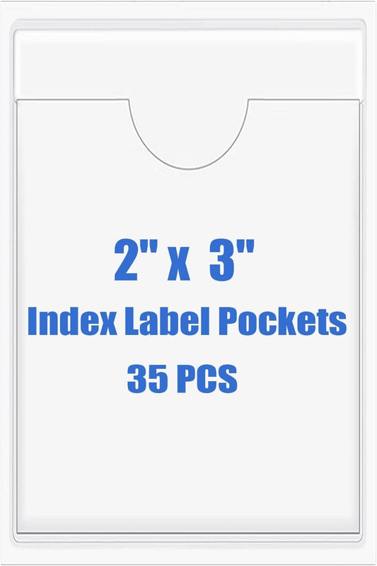 Origin-Joy 35 PCS Self Adhesive Index Card Pockets with Top Open, Clear Plastic Label Holder for Notes, Library and Business, Adhesive Label Pockets & Holder (2 x 3 inch)