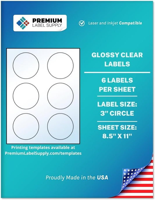 Premium Label Supply Glossy Clear Sticker Round Labels – 3" Circle – Laser/Inkjet Compatible – (6 per Sheet), 25 Sheets – 150 Total Adhesive Labels