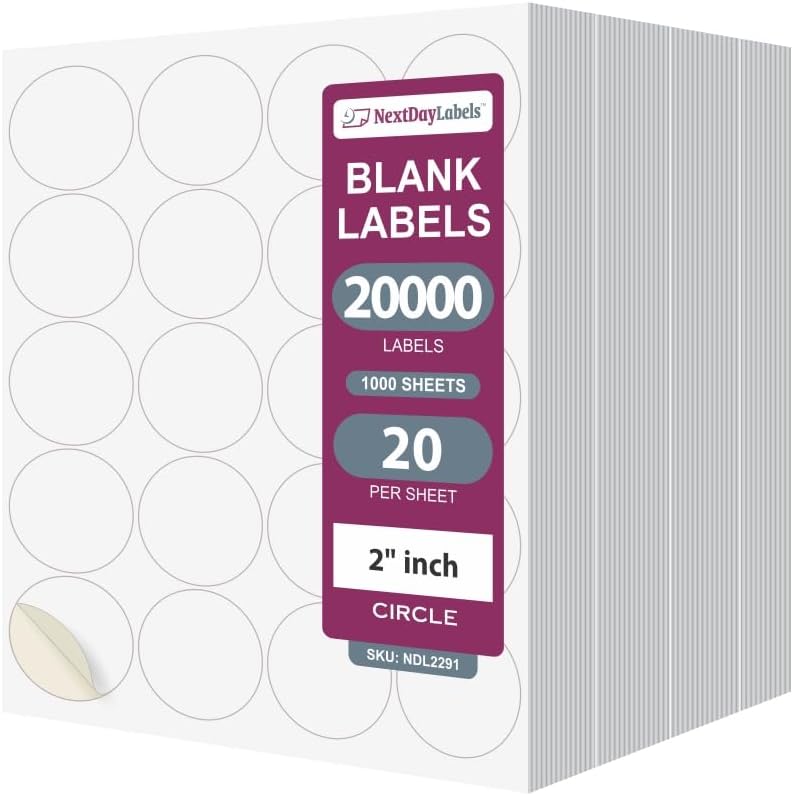 NextDayLabels - 2 Inch Round Circle Stickers - Matte White Blank Laser/Inkjet Printer Labels (20000 Labels, 1000 Sheets, 20 Per Sheet)