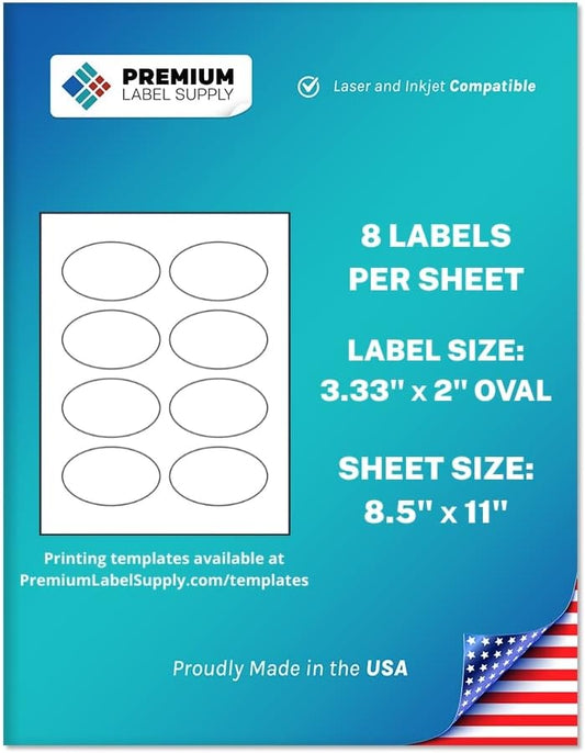 Premium Label Supply White Sticker Oval Labels – 3.33" x 2" Oval – Laser/Inkjet Compatible – (8 per Sheet), 25 Sheets – 200 Total Adhesive Labels