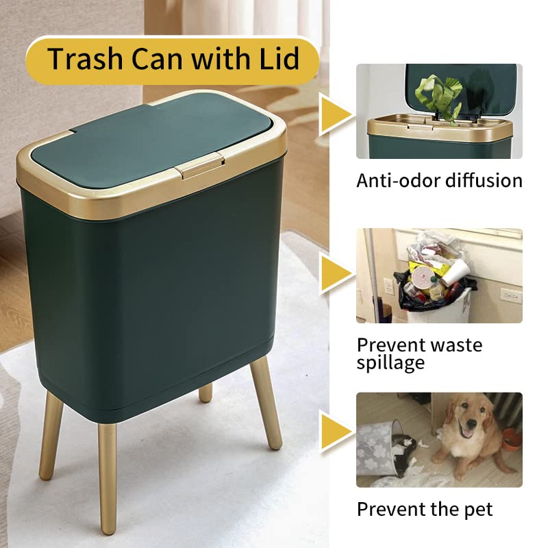 Procade 2Pack Gold Trash Can with Lid, Bathroom Trash Can with Legs, 4 Gallon Office Trash Cans for Near Desk, Slim Garbage Bin Waste Basket for Bedroom, Kitchen,Living Room&Toilet(Green+Green)