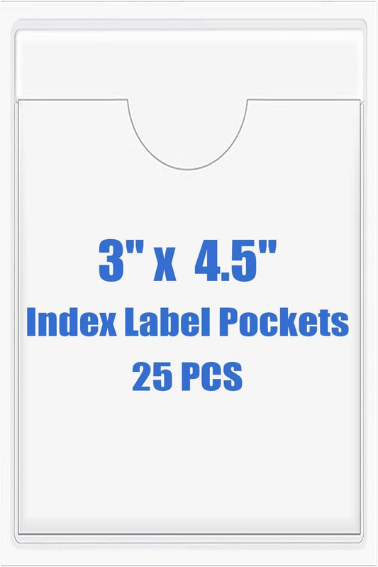 Origin-Joy 25 PCS Self-Adhesive Index Label Pockets, Clear Plastic Peel & Stick Card Holders with Top Open for Loading (3 x 4.5 inch)