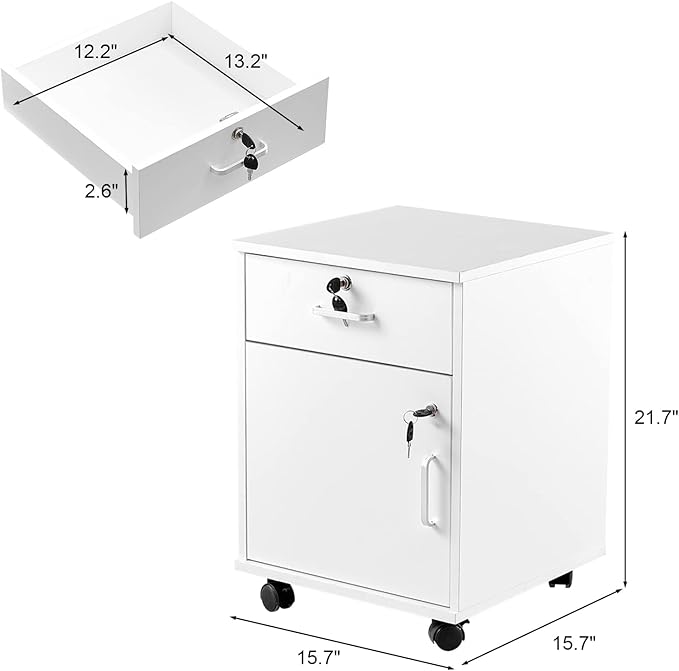 TUKAILAi Mobile File Cabinet with Lockable Drawer & Door, Under Desk Rolling Filing Cabinet with 4 Wheels, Wooden Stationery Storage Cabinet for Home Office (White)
