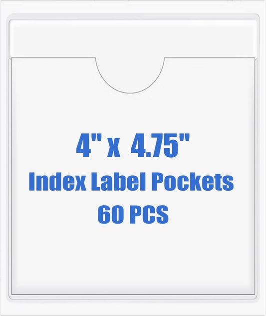 Origin-Joy 60 PCS Self Adhesive Index Card Pockets with Top Open, Clear Plastic Label Holder for Cards of Note, Library and Business, Adhesive Label Pockets & Card Holder (4 x 4.75 inch)