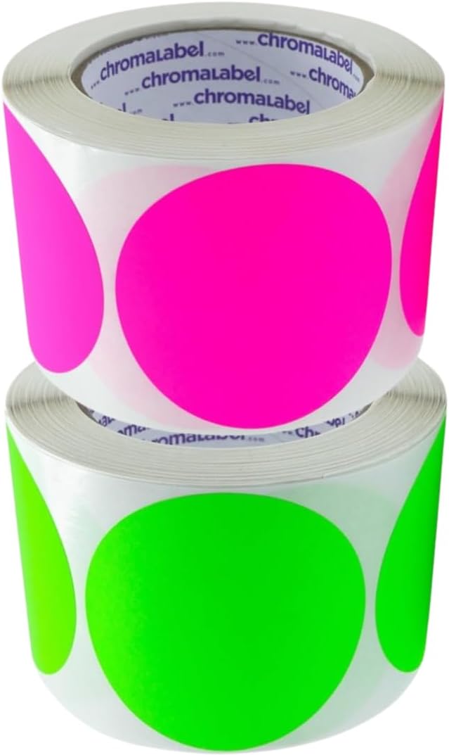 ChromaLabel 3 Inch Round Sticker Labels, Permanent Sticky Dots Color Label, Easy to Write On Color Coded Stickers - 500 Colored Labels per Roll - Matte Finish Fluorescent Green and Fluorescent Pink