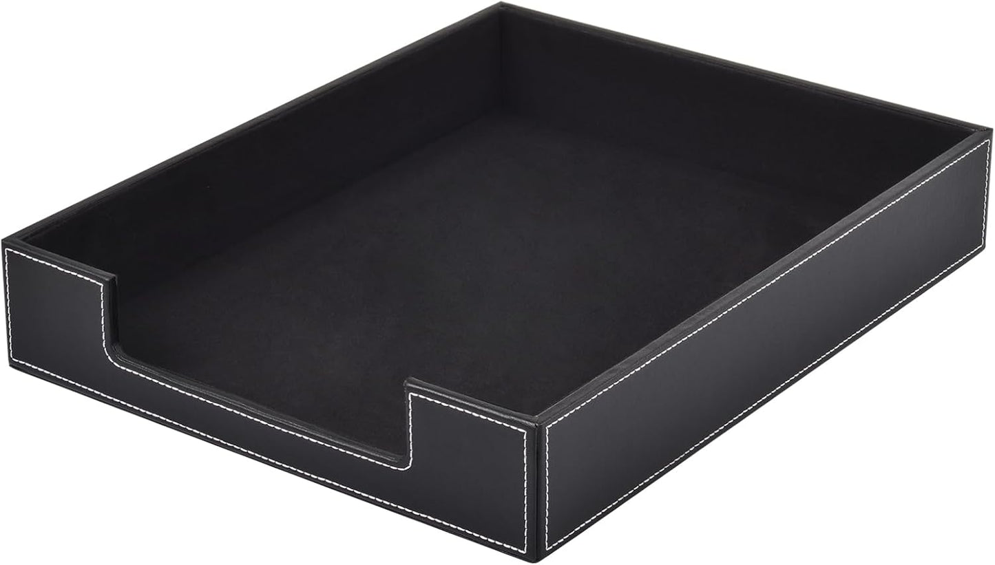Leather Letter Tray, Office Supplies Desk Organizer for Mail Paper Files Magazines Jewelry Cosmetics,Luxury Letter Holder&Multipurpos Stackable Office Desktop Storage Box,Black
