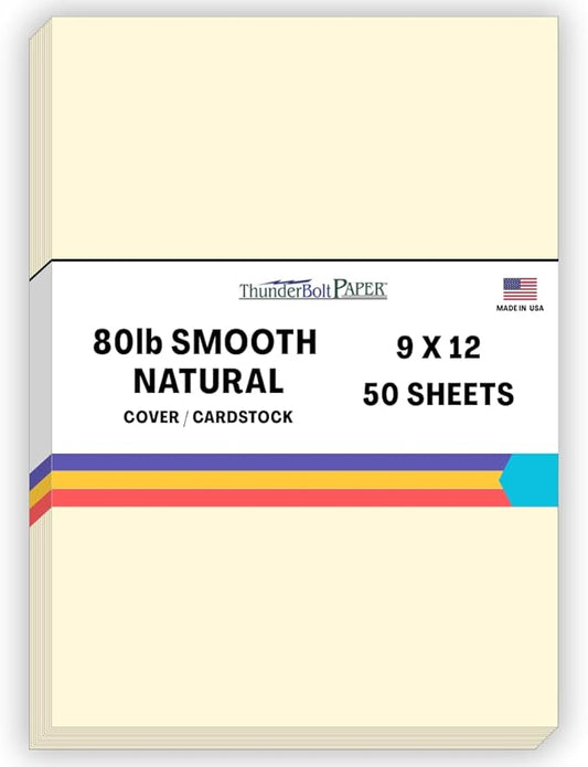 50 Natural Smooth Card Stock Sheets Paper - 9 X 12 Inches Frame and Sketch Pad Size - 80# (80 lb/Pound) Cover Weight - Quality Paper - Smooth Finish
