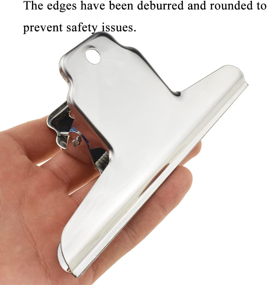 HAHIYO 5.7inch Silver Bulldog Clips Metal File Hinge Binder Clamps Save Space Strong Spring Jaws Rock Solid Grip Book Lay Flat Deburred Edge for Hang Photos Wall Grid Dog Food 5PCS
