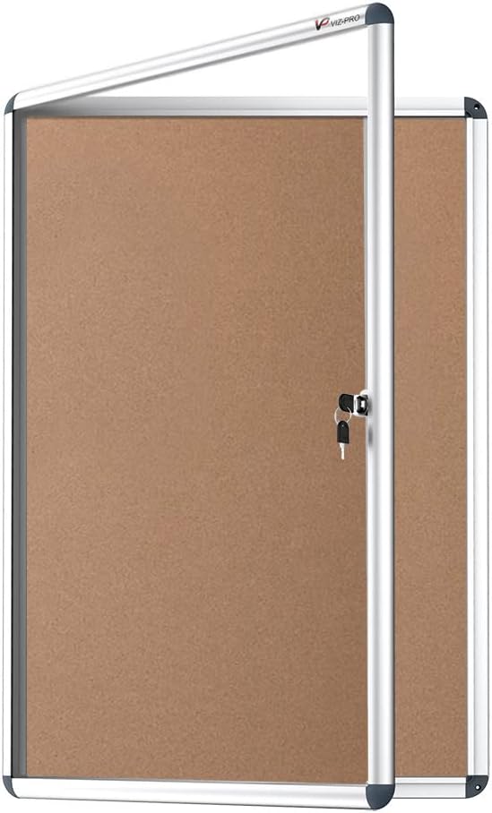 VIZ-PRO Tamperproof Lockable Cork Noticeboard Class 1 Aluminium Framed 36x24 Inches