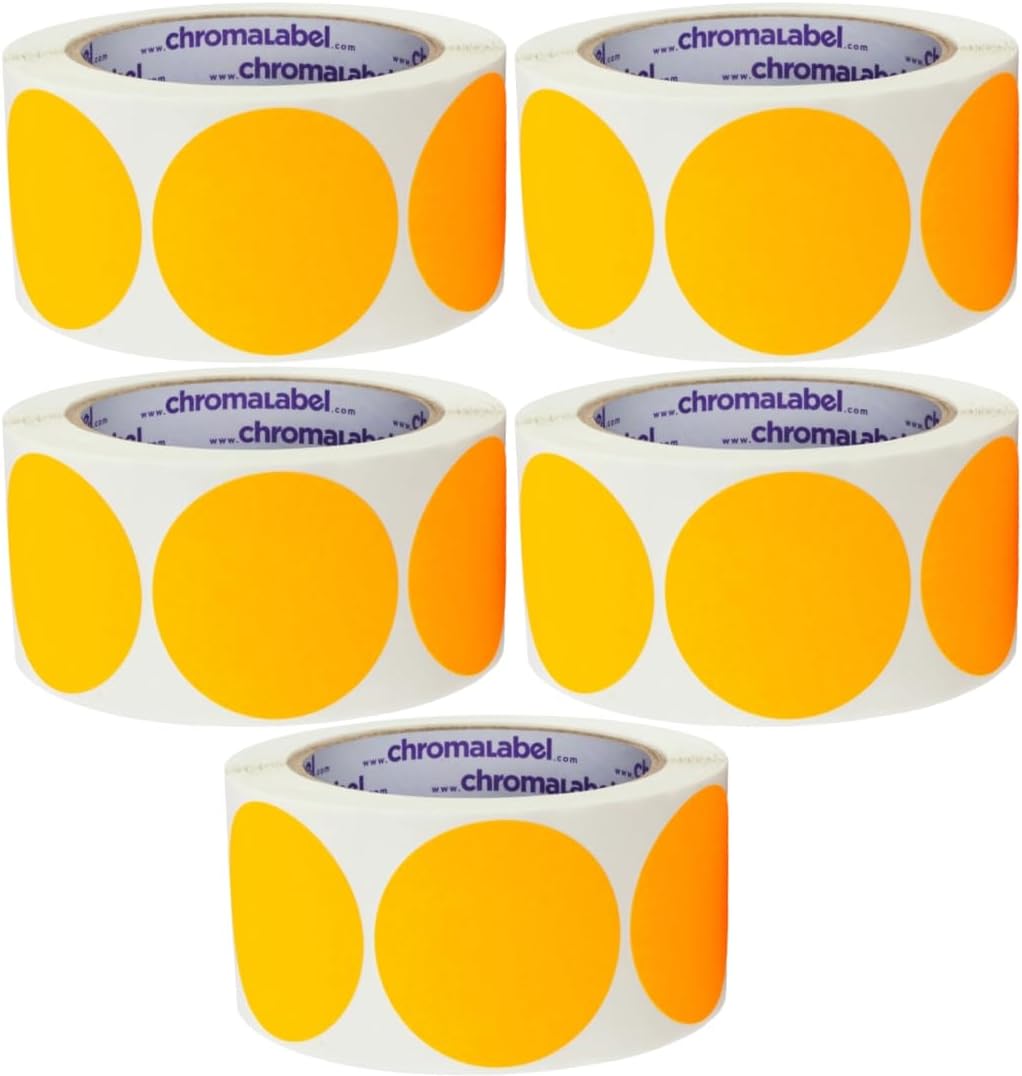 ChromaLabel 2 Inch Round Labels, High Visibility Colored Stickers, Permanent Adhesive Circle Labels - 500 Large Colored Sticker Dots per Roll, Fluorescent Orange Circle Stickers - Case of 5