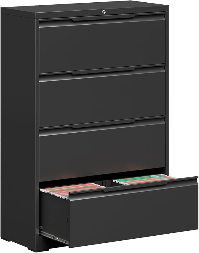 File Cabinet, 4 Drawer Metal File Cabinet with Lock, Lateral File Cabinet for Home and Office, Lateral File Cabinet for A4 Legal/Letter Size, Assembly Required (Black, 4 Drawer)