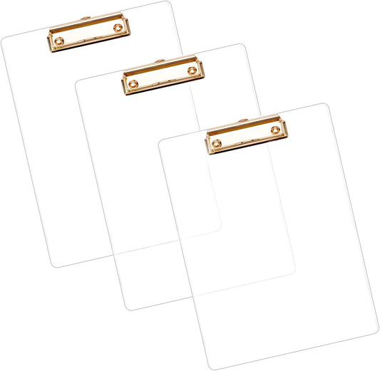Thick Acrylic Clear Clipboards with Rose Gold Clip 3-Pack, Durable Stylish Clipboards with Low Profile Clip (Rose Gold A4-Lucency)