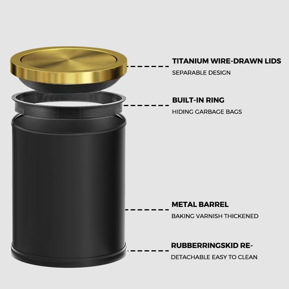 4GAL Bathroom Trash Can with Lid, Small Trash Can with Bronze lid,Black and Gold Waste Basket for Bathroom,Kitchen，Living Room,Hotel,Office (Black)