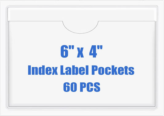 Origin-Joy 60 PCS Self Adhesive Index Card Pockets with Top Open, Clear Plastic Label Holder for Notes, Library and Business, Adhesive Label Pockets & Holder (6 x 4 inch)