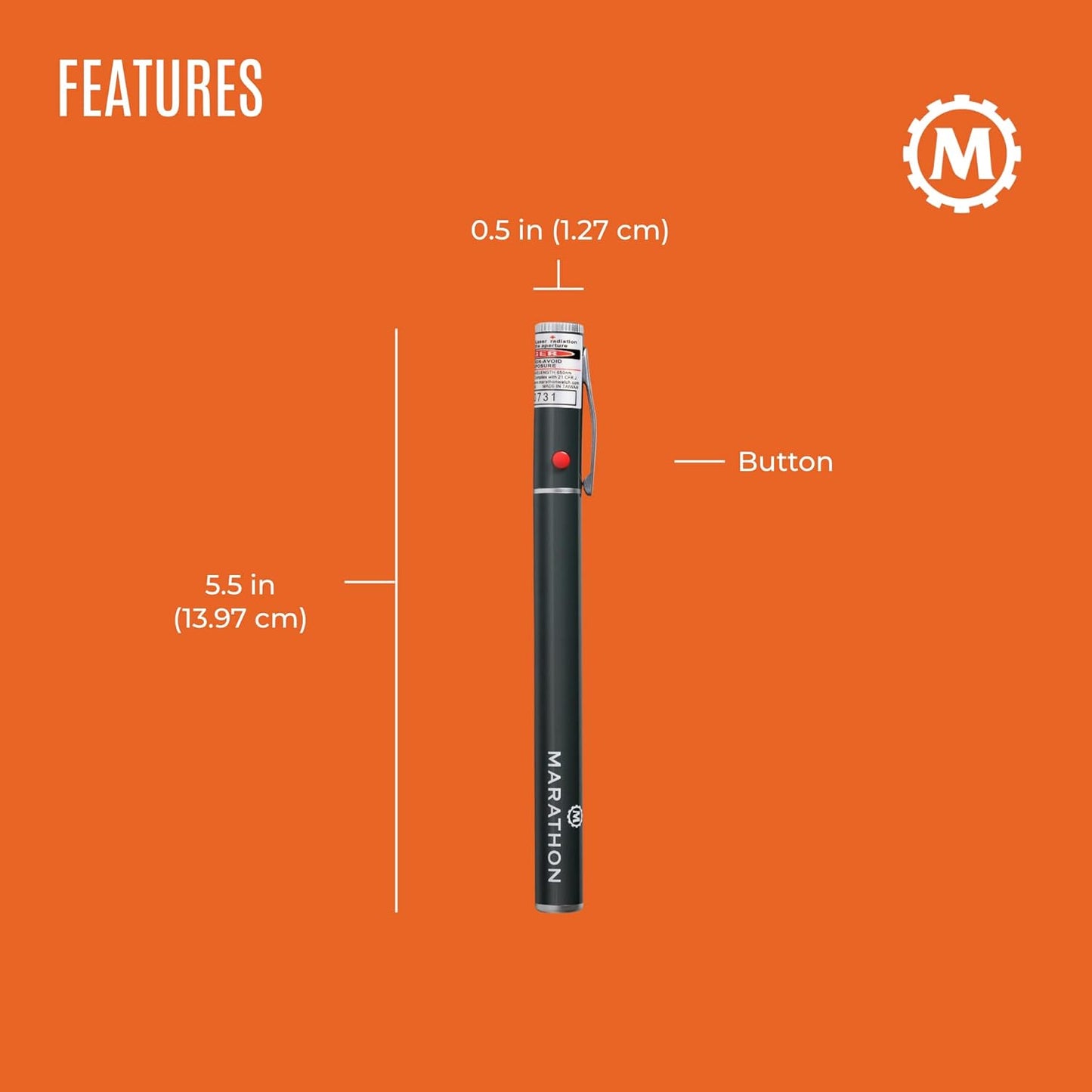 Marathon Laser Pointer, Red - Pen Shaped, Class IIIA Laser - 9,000 ft. Nighttime Range - Two AAA Batteries Included