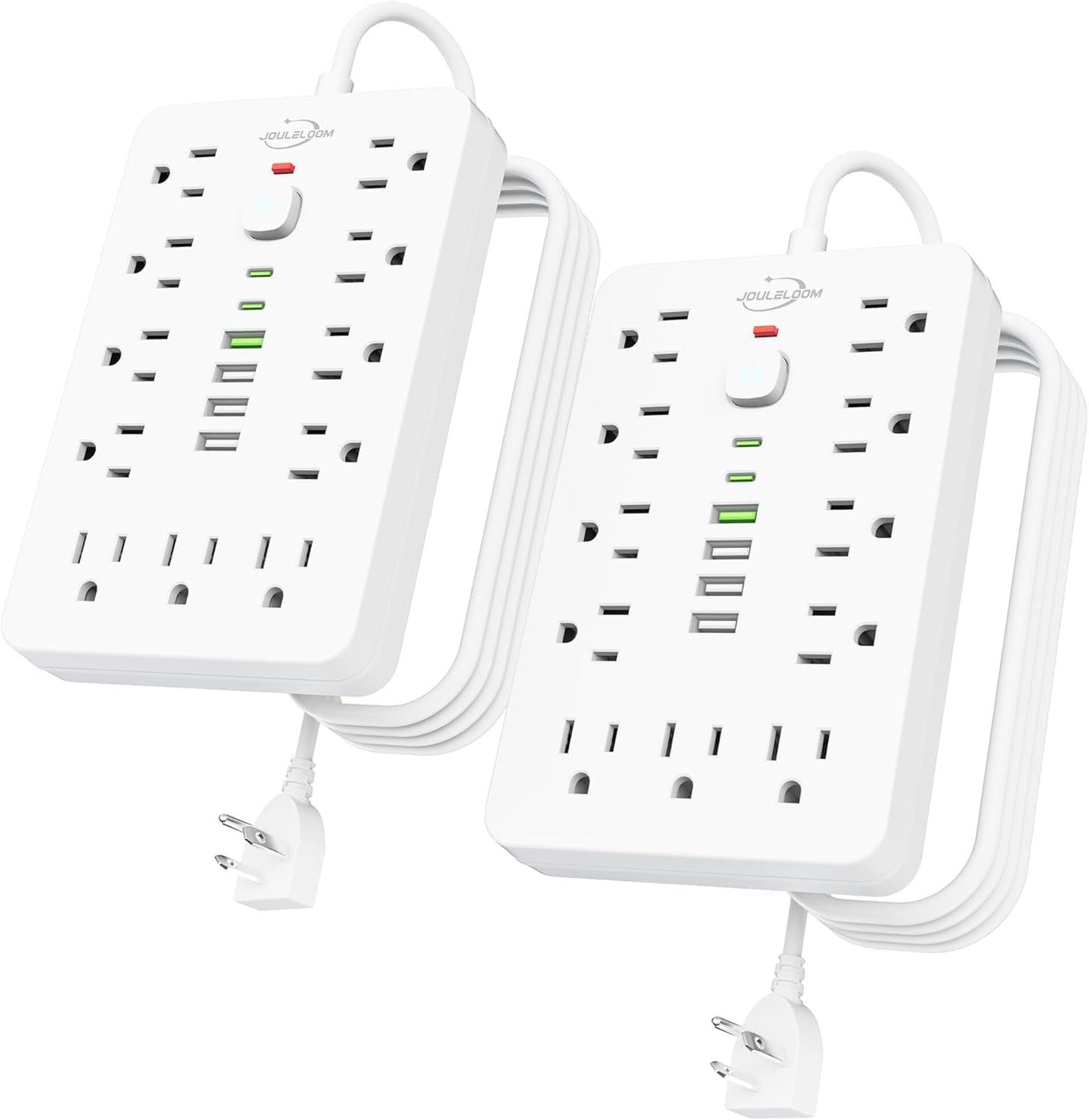 2 Pack 5 FT Flat Plug Surge Protector Power Strip,11 Multiple AC Outlets with 6 USB Ports (2 USB C), 5 Feet Extension Cord, 1250W/10A, One Touch Switch Button, 17 in 1 Compact powerstrip