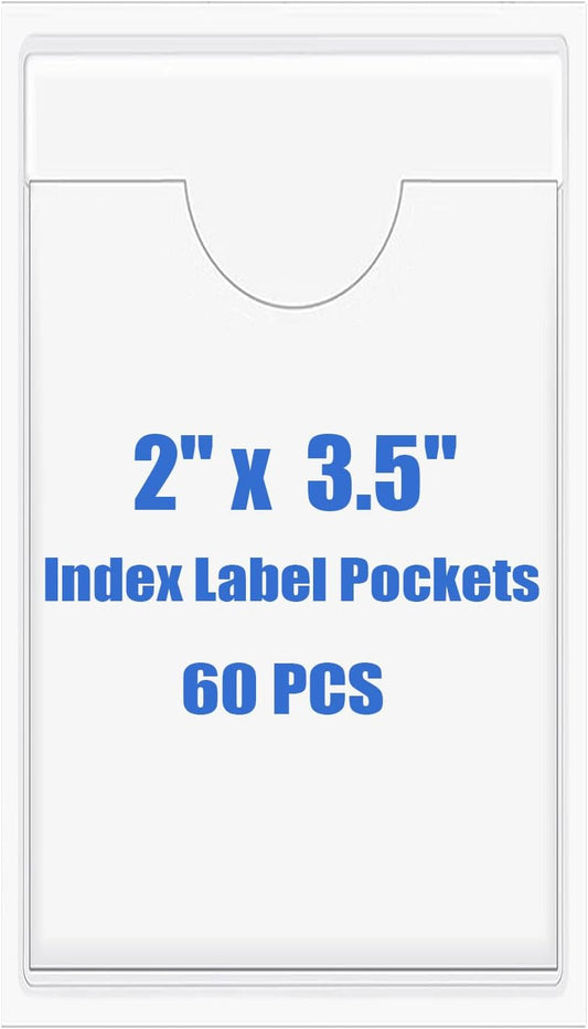 Origin-Joy 60 PCS Self Adhesive Index Card Pockets with Top Open, Clear Plastic Label Holder for Cards of Note, Library and Business, Adhesive Label Pockets & Card Holder (2 x 3.5 inch)