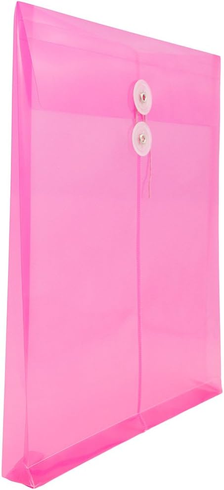 JAM PAPER Plastic Envelopes with Button & String Tie Closure - Letter Open End - 9 3/4 x 11 3/4 - Fuchsia - 12/Pack