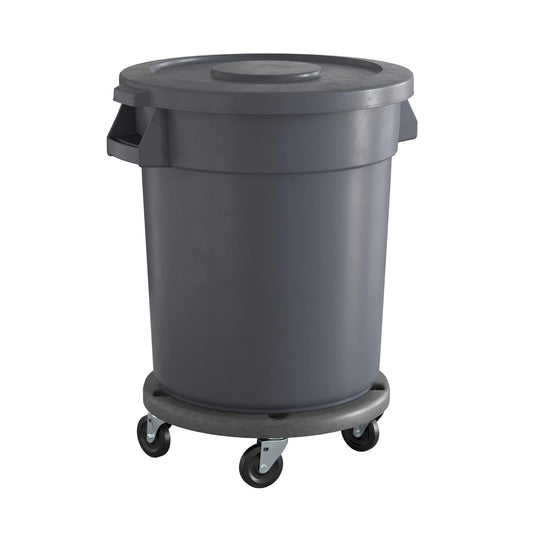 20 Gallon Gray Round Commercial Trash Can with Lid and Dolly