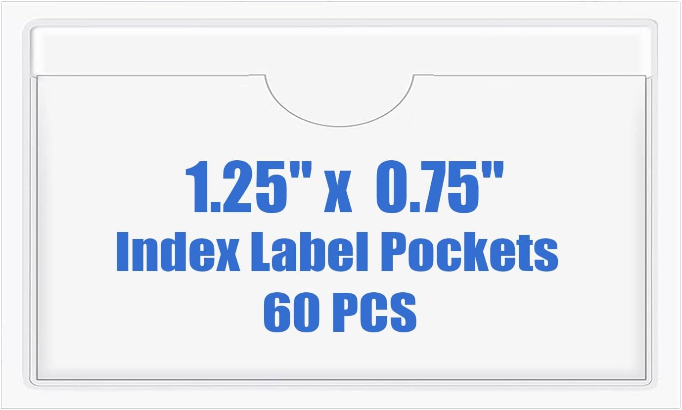 Origin-Joy 60 PCS Self Adhesive Index Card Pockets with Top Open, Clear Plastic Label Holder for Notes, Library and Business, Adhesive Label Pockets & Card Holder (1.25 x 0.75 inch)