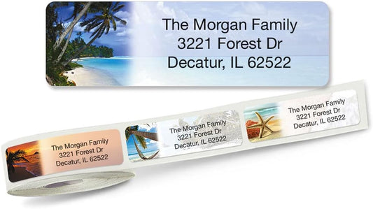 Colorful Images Tropical Paradise Rolled Personalized Return Address Mailing Labels with Dispenser, Customize with Name & Shipping Address, 250 ¾” x 2½” Self Adhesive, Easy Peel Label Roll