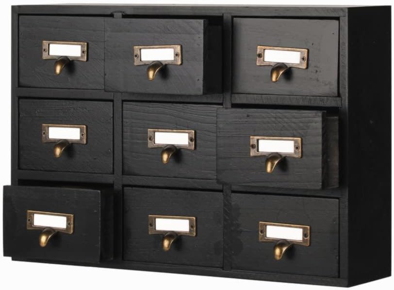 09 Drawers Apothecary Cabinet with Drawers Tabletop Apothecary Chests and Cabinets Library Card Catalog Cabinet Herb Storage Box Wooden Desk Drawer Organizer Medicine Vintage Furniture(BLACK)