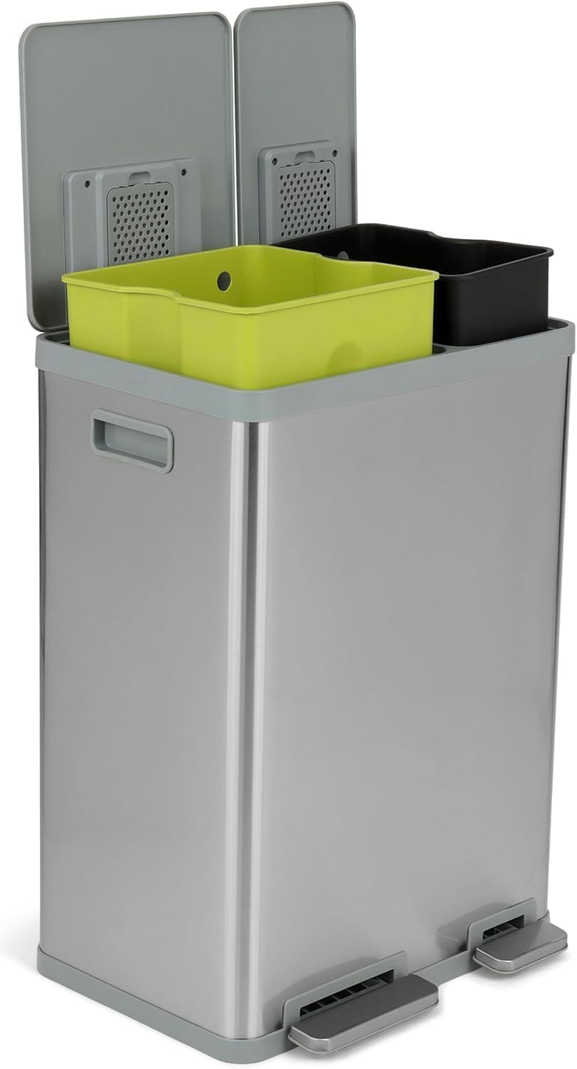 Simpli-Magic 60 Liter / 16 Gallon Rectangular Hands-Free Dual Compartment Recycling Kitchen Step Trash Can with Soft-Close Lid, Brushed Stainless Steel (38L x 22L Capacity)