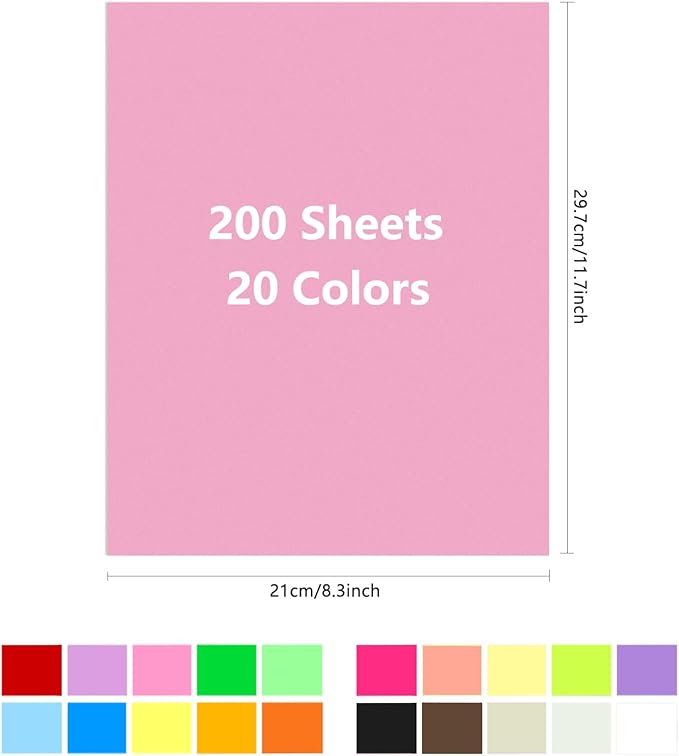 Colored Lightweight Construction Paper - A4 Origami Paper 200 Sheets Colored Paper, 20 Colors Colored Printer Paper Copy Paper, 8.3" X 11.7" Multipurpose Colored 70GSM for DIY Kids Art Craft